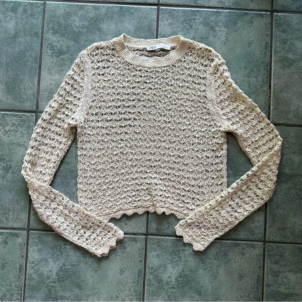 Zara Beige Cream Knit Crochet Lace Sheer Sweater